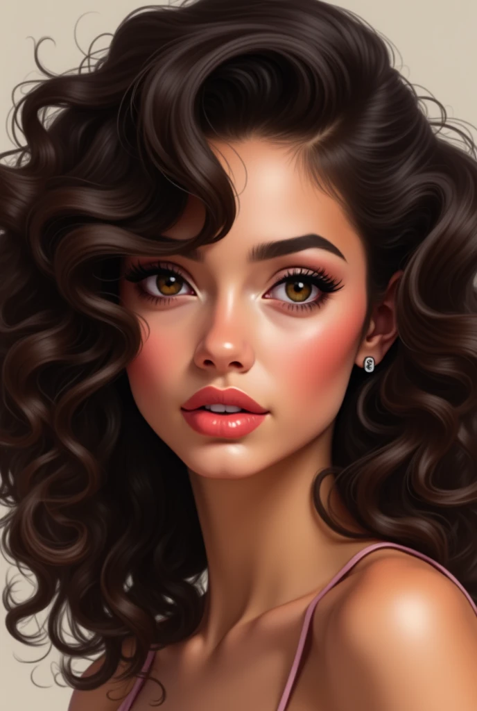 Create a digital drawing of brown hair Dark brown curly Dark brown eyes Perfect