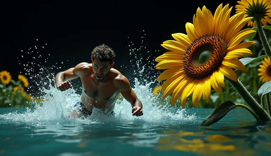 professional realism photos, the man landed in the water, chased by a sunflower plant, manipulative sunflower plant, man running terrified, dynamic movement, man running forward, very shaky hands, 34K, beautiful and saturated colors, contrasting colors, totally black and contrasting background, Young man