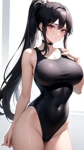 (((masterpiece,best quality,absurdres,8K,perfect body))) , ((black hair,longhair, large breasts, high ponytail,black eye)),(((,school swimsuit))),((nsfw,standing))