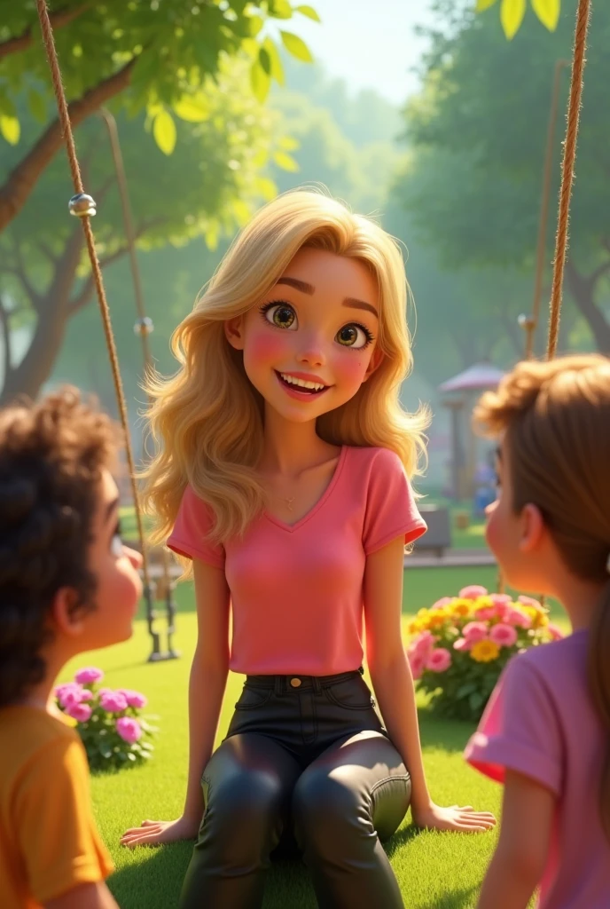 A blonde teenager with light brown eyes smiling happily wearing a short pink blouse and black pants sitting in a park with several children, disney pixar style.