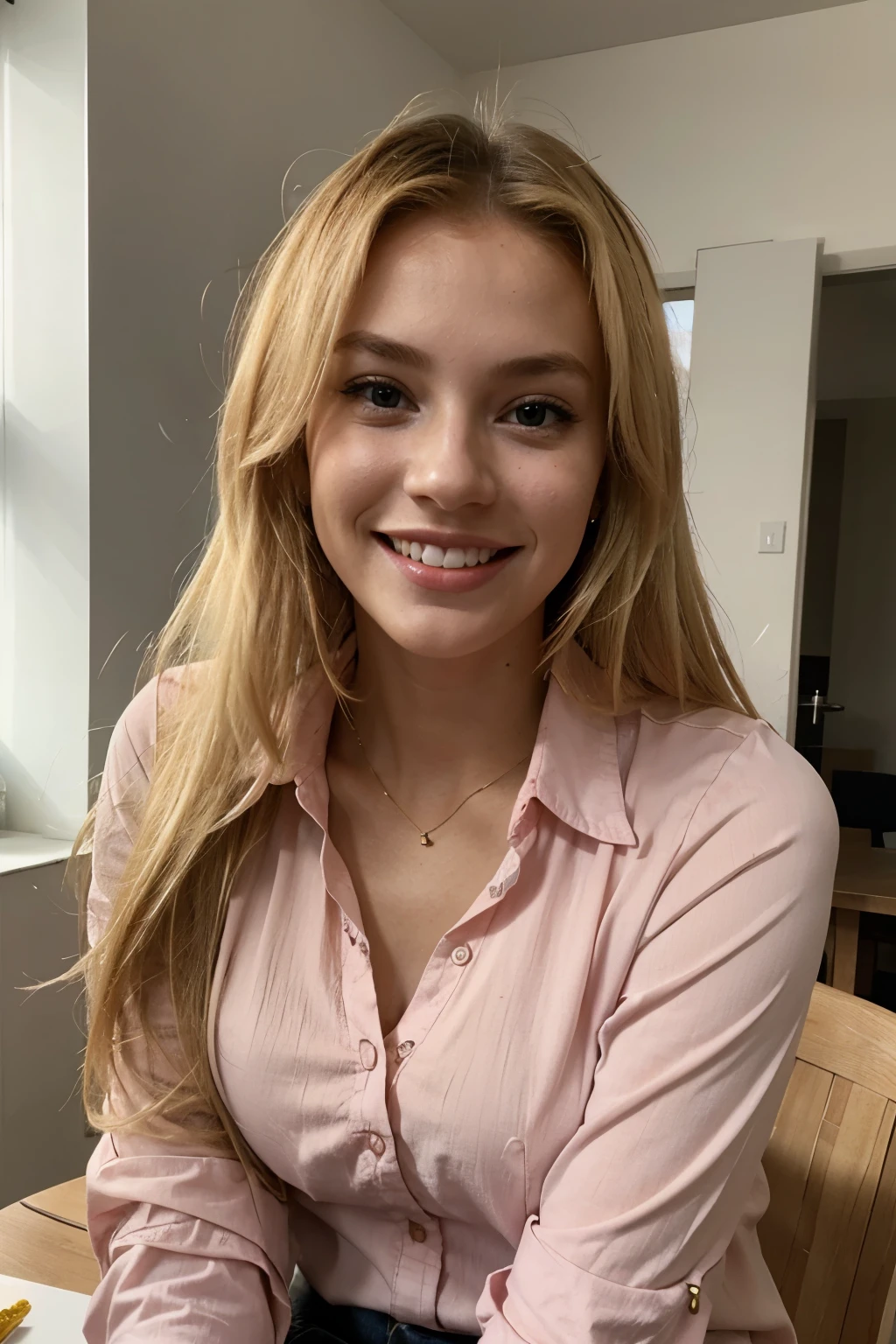 Generate a young woman with blonde hair, who is at the table in her apartment smiling, wearing clothes such as a pink blouse.