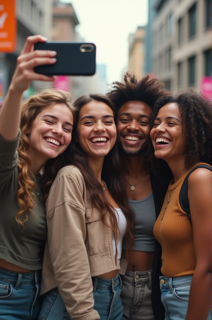 Visual Prompt: A group of friends standing together with a smartphone, trying to take a selfie. They look focused and are adjusting their poses and smiles.
