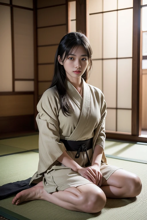 Sit on tatami ,hold wooden cross,Front view , (Full-body, floor ground, in jail), the Edo period, a Japaneses ancient girl, looking at viewer, exotic Japanese girl is 20 years old,   (Black hair ,long hair, Hime cut, Brown eye, little Lips, serious), (big breasts, wide hip), (obi)  (, ((Surrealism, Verism, UHD, retina, masterpiece, anatomically correct, accurate, textured skin, super detail, high details, high quality, best quality, highres, 8k))
