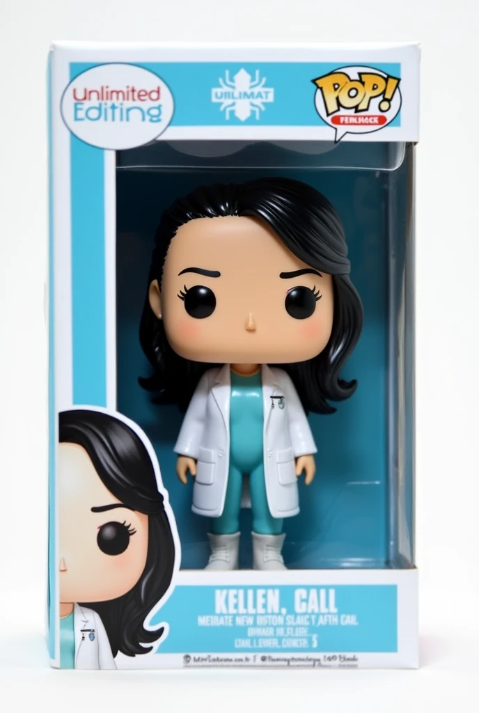 Create a Funko Pop of a kellen call, Brunetette, with slanted eyes, long black hair, dressed as a doctor. Funk must be presented inside and outside a blue box "unlimited editing". The box must also allow viewing of the funko, Typography, the rendering must be in 3D with a white background