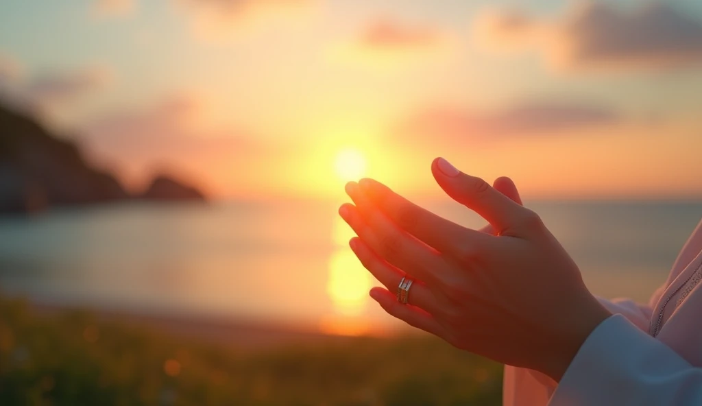A peaceful landscape at sunrise, with soft golden light illuminating a serene scene of a quiet beach or a calm meadow. In the foreground, there are hands clasped in prayer, gently glowing with a soft light to symbolize divine presence and peace. The sky is a gentle mix of warm oranges, soft pinks, and light blues, adding to the tranquil atmosphere.The overall color scheme should be warm and inviting, with a focus on creating a sense of hope, comfort, and faith.