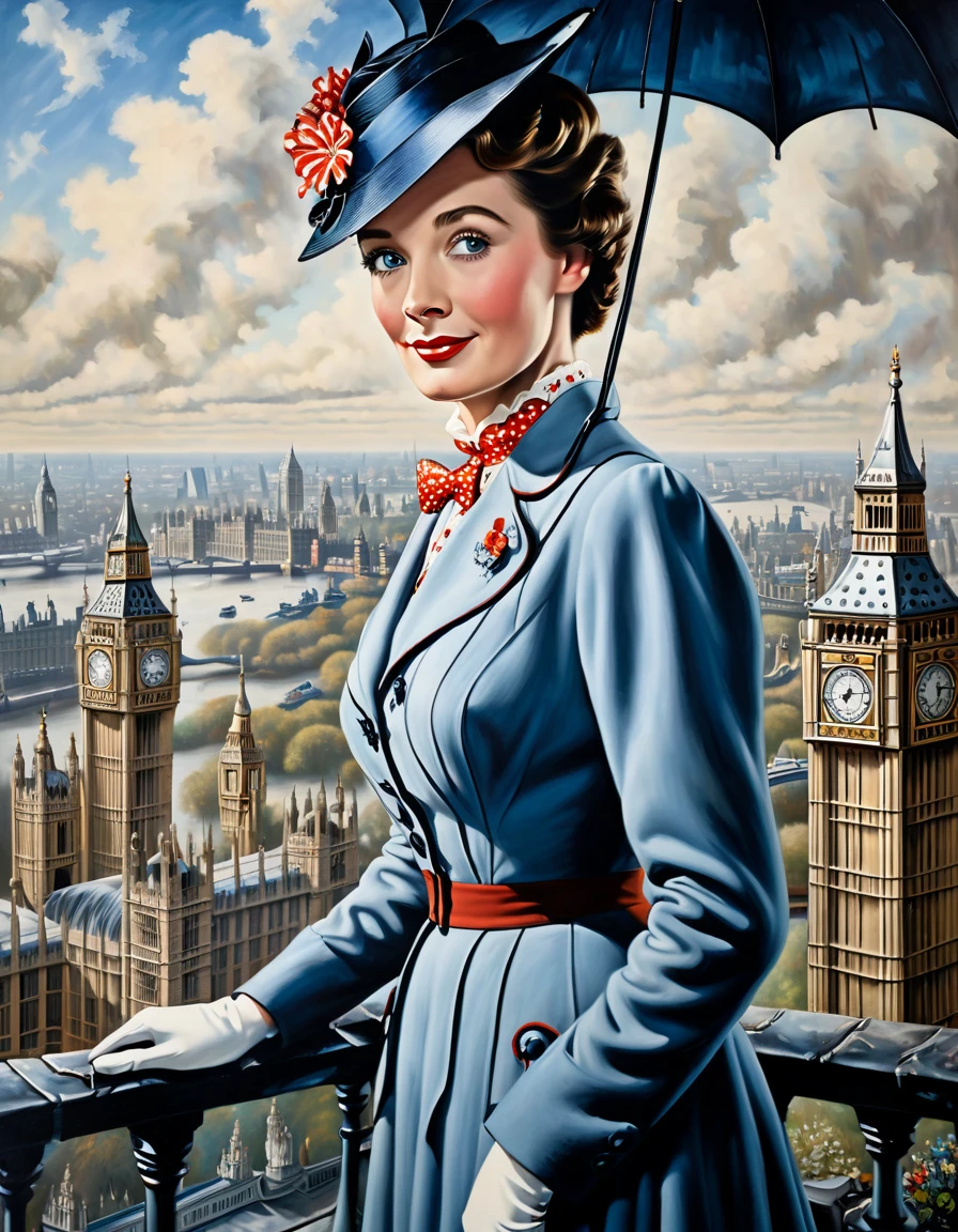 A perfect portrait picture of an enigmatic nanny Mary Poppins [Julie Andrews:Maude Adams:0.35] with aerial background of London in 1934, insanely detailed and intricate, realistic style oil on canvas painting, Don Lawrence Style