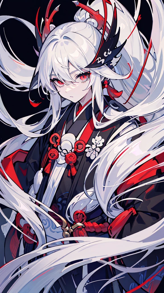 a close up of a person of long white hair and a black and white outfit, Handsome Japanese Devil Boy, White-haired God, Beautiful male grim reaper, Onmyoji portrait, onmyoji, artwork in the style of Gwaiz, The Detailed Art of the Onmyoji, White long hair, Gwaiz, of long white hair