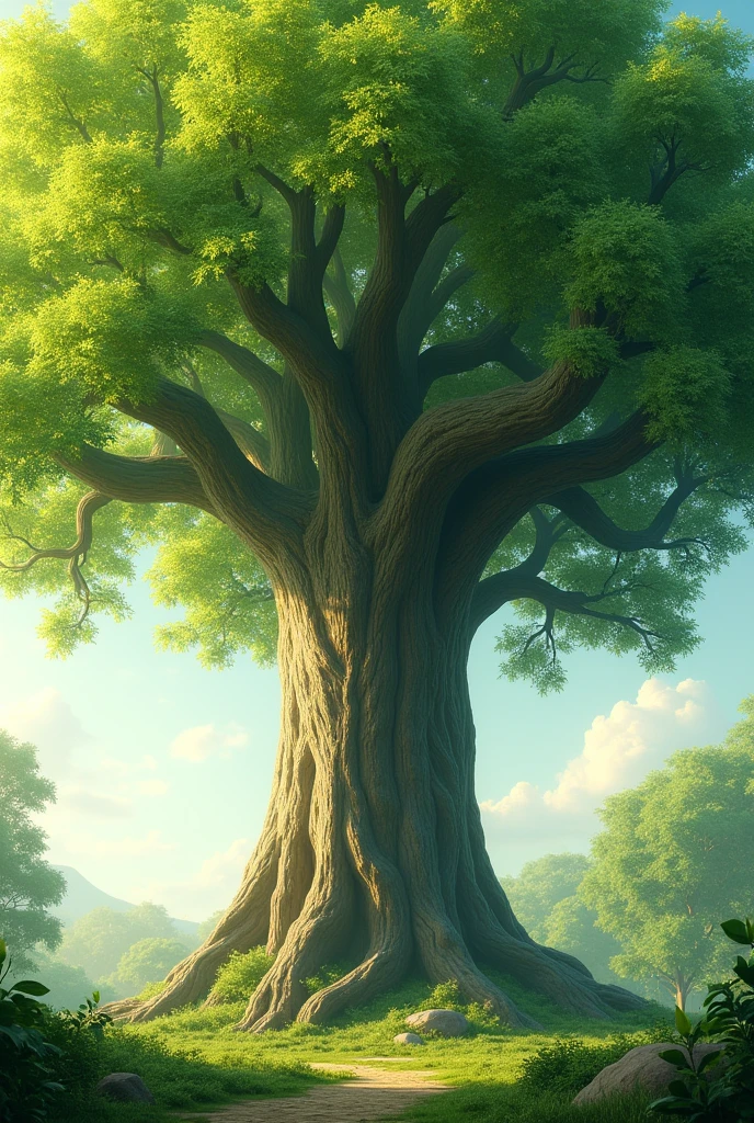 A leafy tree in beautiful tones where only its foliage and its large and immense trunk that reflects its strength can be seen and where the wind blows, moving the leaves.. Surrounded by light shades of sun rays