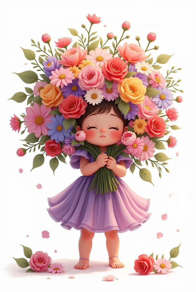 white background, girl standing,wearing beautiful party frock,purple shade full frill frock,she holding large bunch of flowers,hard to hold that heavy flower bunch,some flowers are fell down,nice smiling Sophia face,hide half face of flowers
