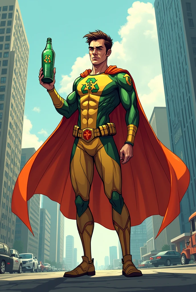 Recycling superhero with cape holding a pet bottle


