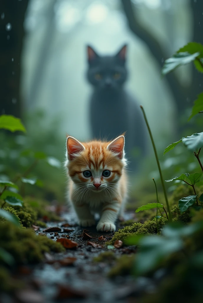 Cute close-up photo of a kitten lost in the woods., Overcast (rain: 1.3), (Kinetics: 1.2), complicated details, ((A cat walks in the forest.)), Big cat