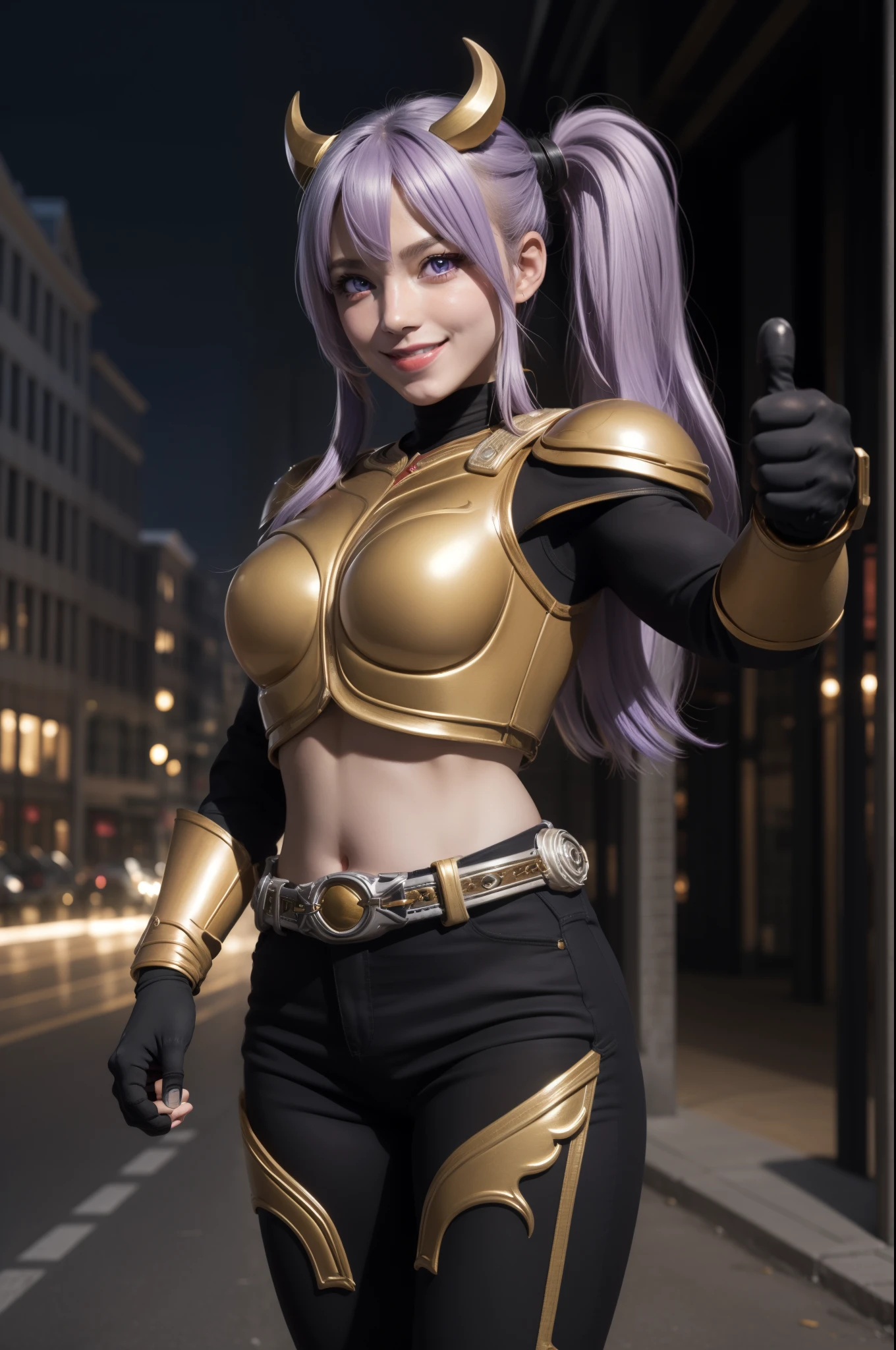 (The CG is very detailed.), (best quality), perfect face, Shiny skin, Shiny skin,wide hips, 1 girl,alone , Eukinetics,light purple hair,very long hair,low Twintail,Ahoge, purple eyes, Twintail, long hair,Mighty Cougar, ,Yellow horns,red armor, rider belt, glove, Diaphragm,navel,gold,,armor,belt,gag,bare shoulders, Thumbs up, smile,full body,