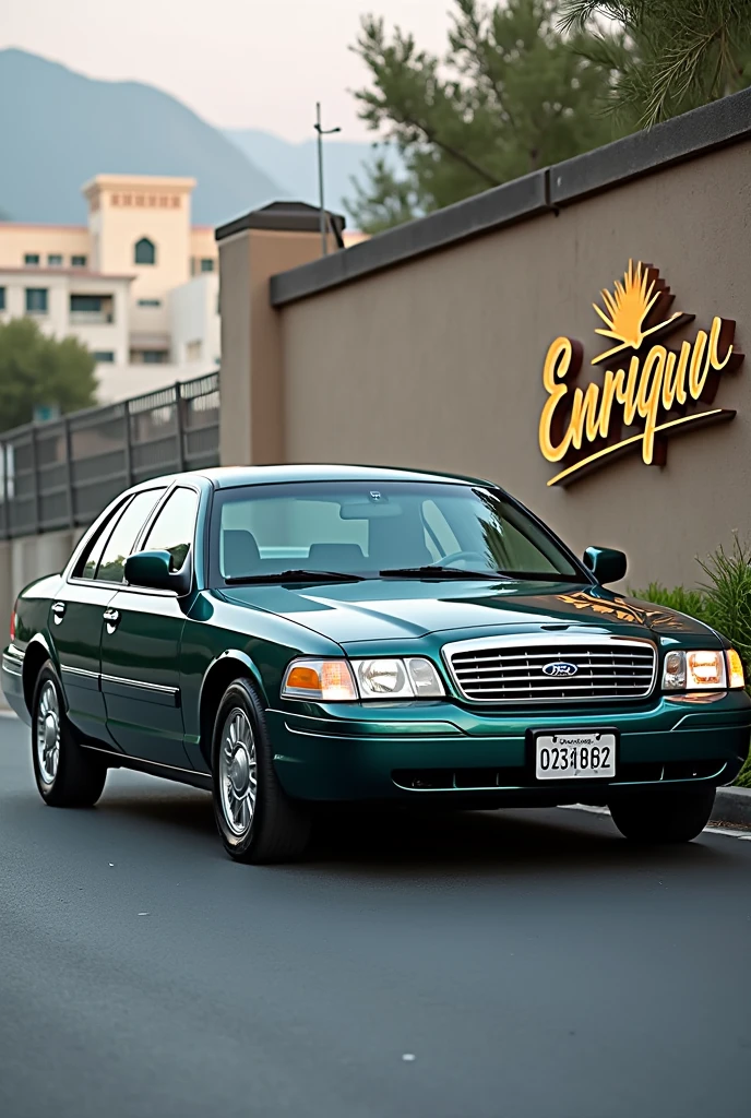 Grand Marquis car, year 2010, navy green and navy blue, next to logo "Enrique"