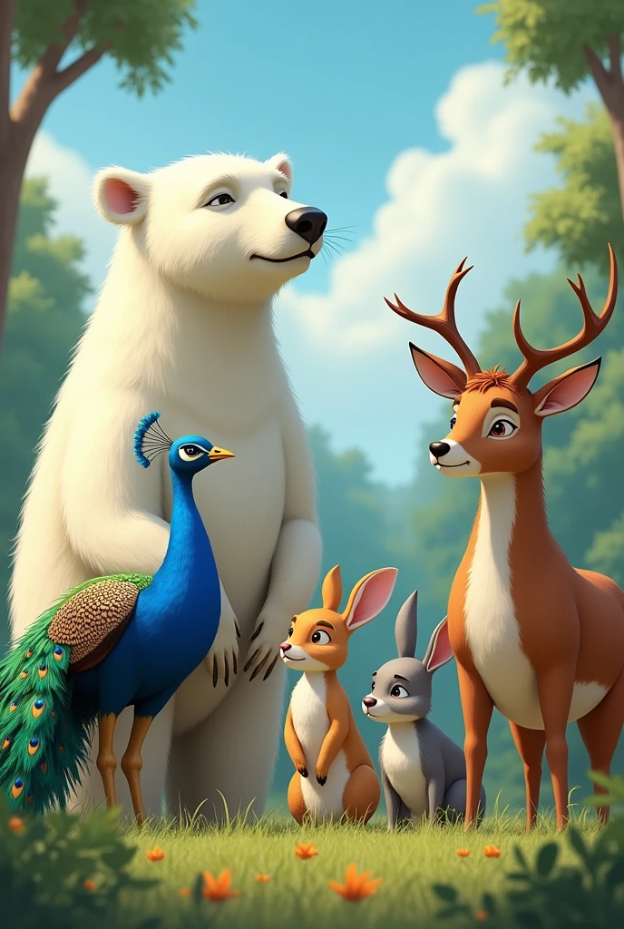 The four friends gathered together worried. "Climate change is changing our favorite seasons," They said.

the 4 animals the polar bears, Peacock, rabbit and deer you take a rabbit from me 
