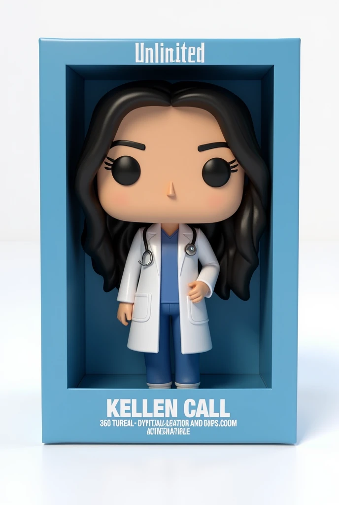 Create a Funko Pop of a kellen call, Brunetette, with slanted eyes, long black hair, dressed as a doctor. Funk must be presented inside and outside a blue box "unlimited editing". The box must also allow viewing of the funko, Typography, the rendering must be in 3D with a white background