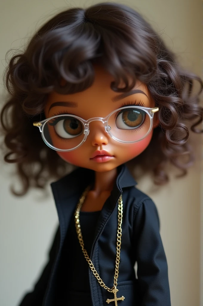 make me a blythe doll with brown skin, with dark brown curly hair and curly fringe too, with brown eyes and clear glasses and with black clothes and a cross chain