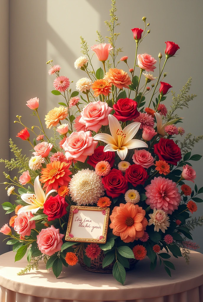 Create a banquet of flowers with a card Written "For the beautiful woman Madina Hassan"