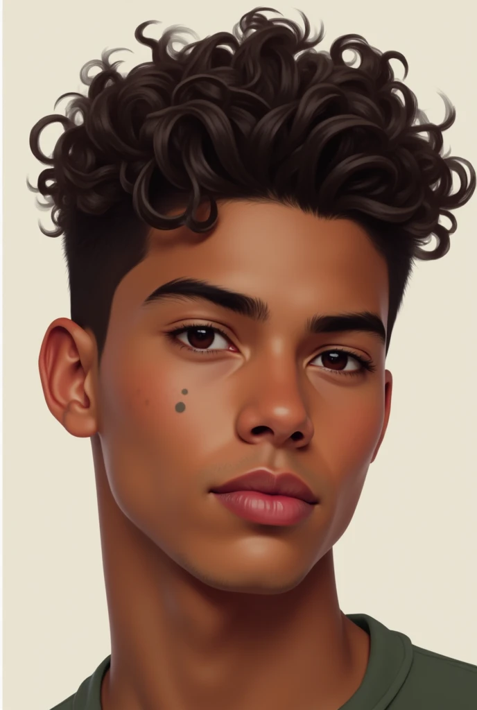 Create a digital drawing of a brown guy With dark brown curly hair Dark brown eyes With a spot on his cheek Perfect 