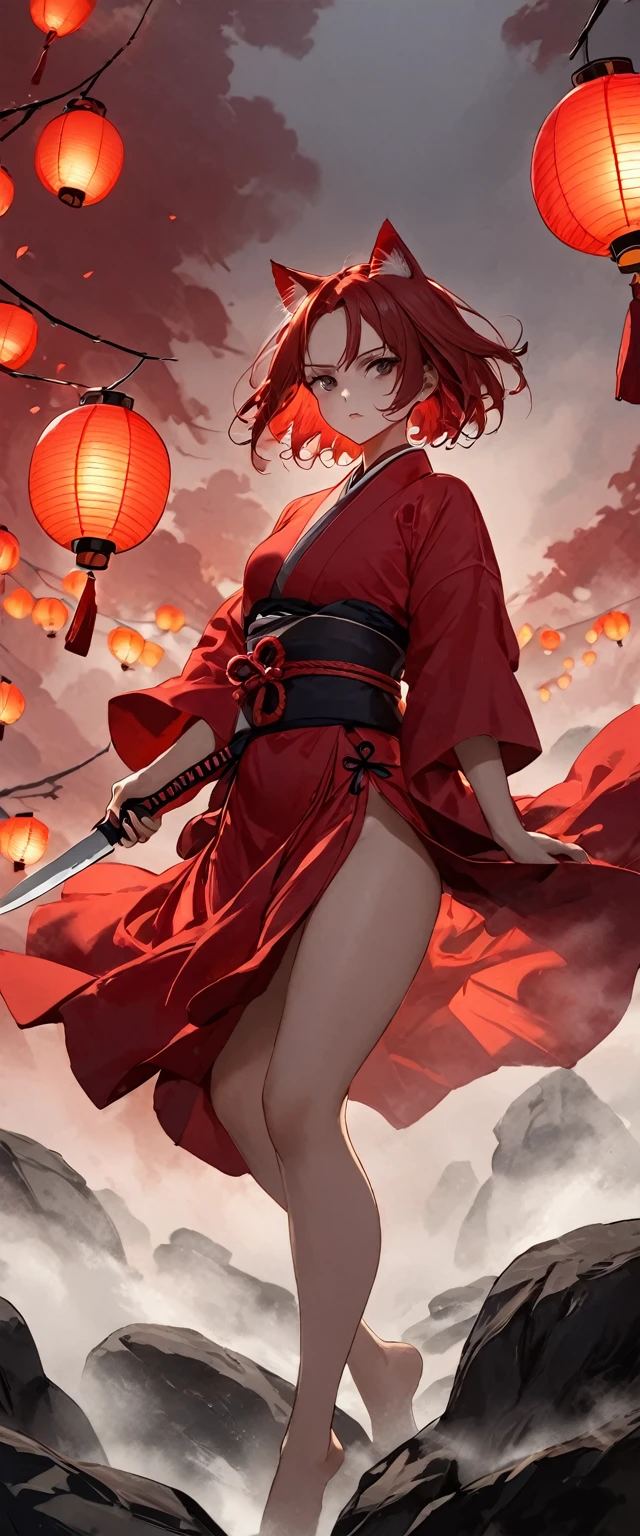 A woman in scarlet ronin clothing。Beautiful feet。Crouching on a rock。Messy red short hair。forehead。Cat ear。Cat Eyes。 White Wilderness。A world of thick fog,。Dark Eyes。clothes are blowing in the wind。Serious expression。knife。Stylish pose。Many small floating lanterns。alone。Japan。Red Sky。Chiaroscuro,