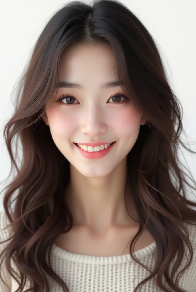 Asian feminine face with soft wavy dark brown hair。Her hair is long and layered.、In the flowing soft waves、Give a friendly and approachable impression。Background is white。