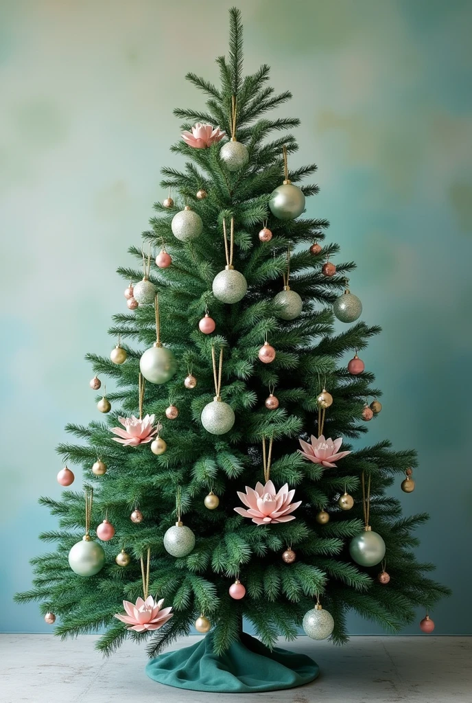 Un sapin de Noël réaliste décoré avec une palette de couleurs et des décorations qui s'inspirent des peintures de Claude Monet : Les nympheas. Les décorations doivent être de couleurs pastels et disponibles à la vente.