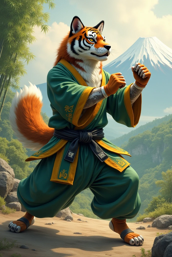 A Tora Inu. Wearing a green robe with yellow trimming. Doing a Japanese martial pose.