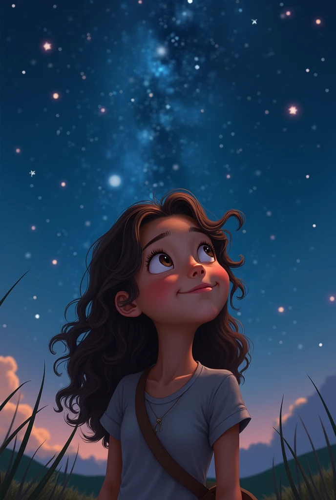 Jessica looked up at the stars.,
- Year: 12 - Personality: Curious, Adventurous, Brave, Type - Appearance: Light brown eyes, Long curly brown hair, smile, Slim figure