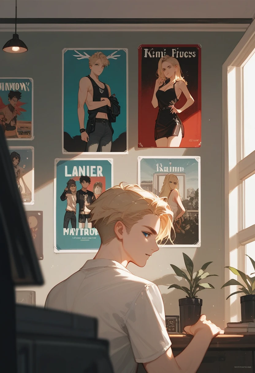 Room full of posters A boy with blonde hair, it's excitement, sitting in his room he is nerdy and has blonde hair, wears school clothesLook of desire, his face is flushed and he is moaning, begging for something, his eyes closed, a sexy pose sitting on a bed.White short-sleeved blouse, loose jeans and wearing a chain link (male gender) , blonde hair, black eyes, wearing glasses. He's alone he's a man, his eyes are open and he is sweating a lot the lighting is a little dark