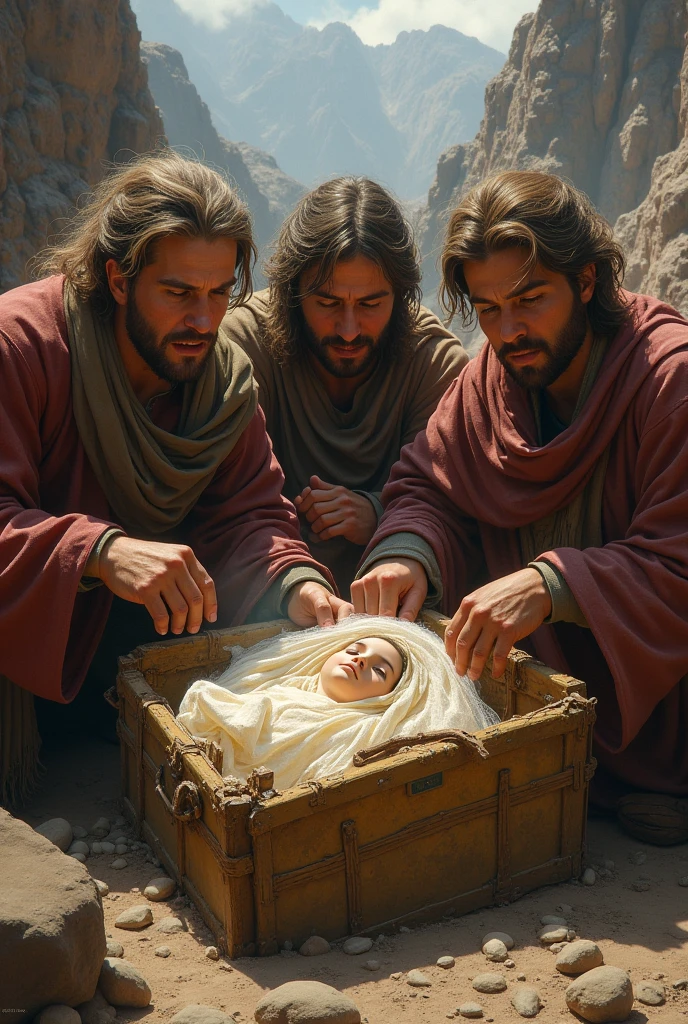 The missionaries open the box that the mule was carrying and find an image of the Virgin Mary wrapped in tulle and silk., everyone is surprised.