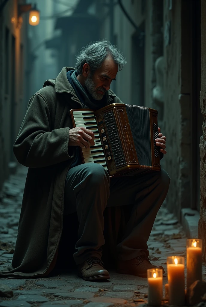 Man sitting playing accordion in a dark place