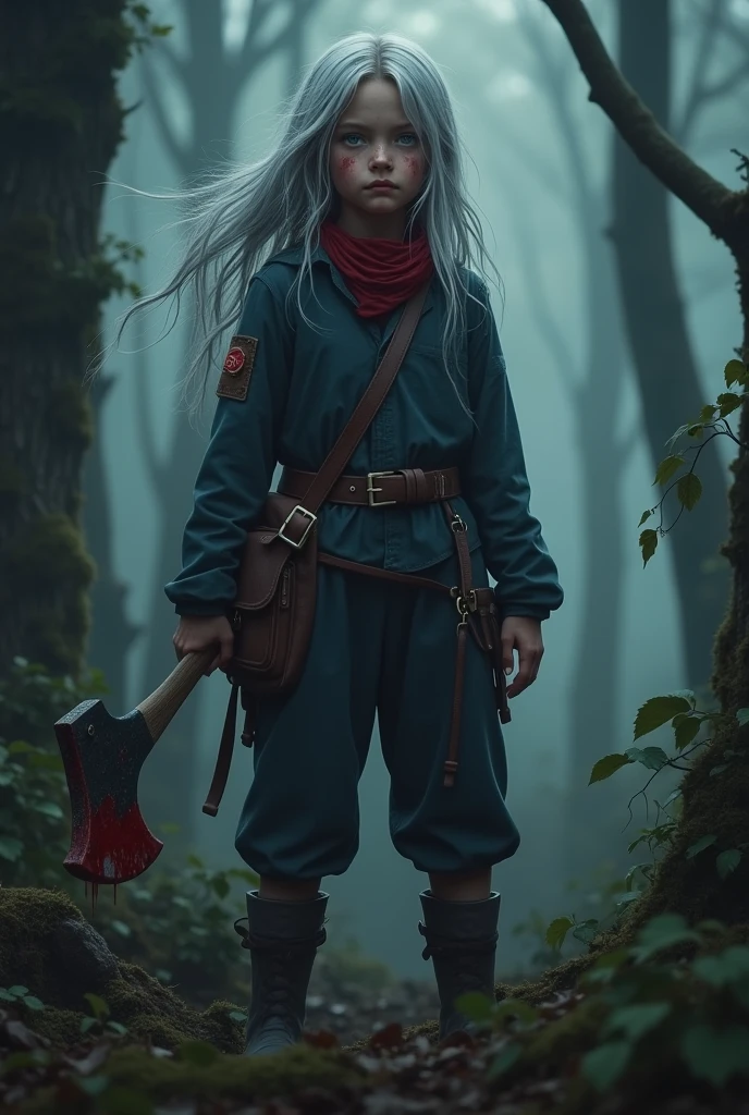 Determined young white girl with long gray hair in a dark blue hunting uniform with a bag strap around her body and a red bandana around her neck holding an axe with blood running down her face in the middle of a dark forest