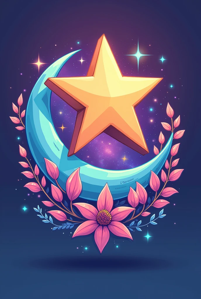 A logo that says the title "unicverse" that has pinkish purple and light blue color that has a star combined with a moon with a galaxy background and plants that has mythology and is more cartoonish