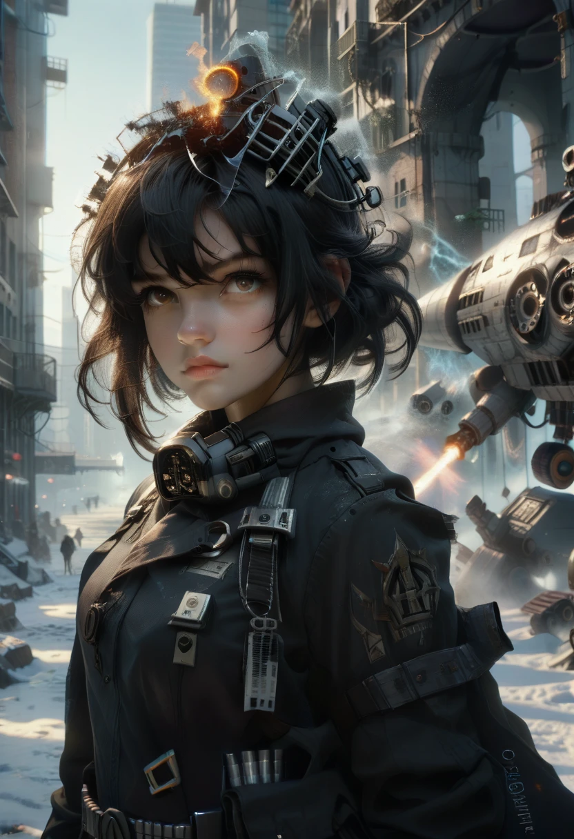 Ring World,Science Fiction,Sci-Fi Movies,Artillery,Long-Range Missiles,Based on the movie Foundation ,Woman,Adult,Protagonist,2,hopeful face,brown eyes,short hairstyle,black hair with white gray,scientist uniform,white researcher coat,open meadow,rebel,chaotic,future world,world of socialism,snow,chaos