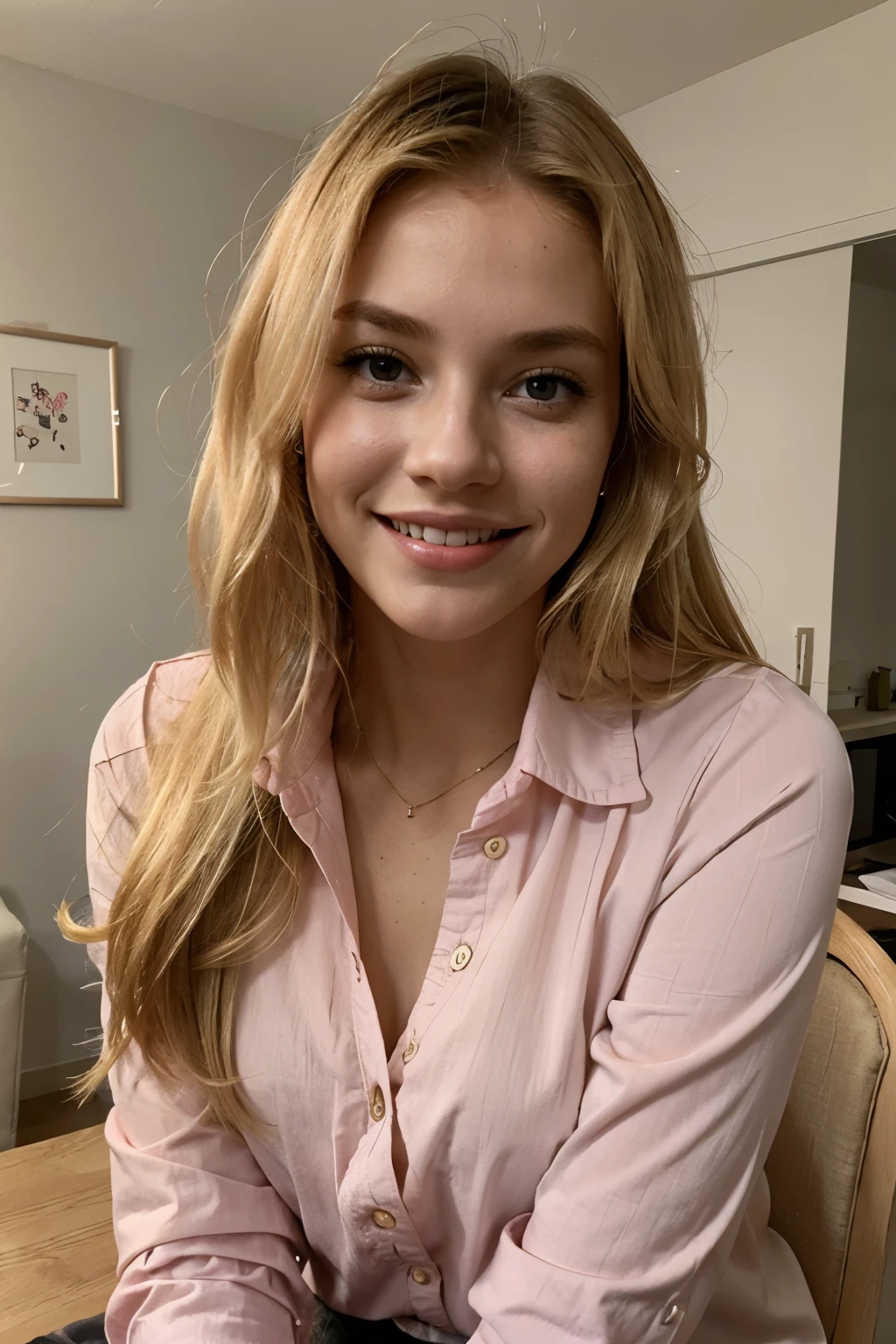 Generate a young woman with blonde hair, who is at the table in her apartment smiling, wearing clothes such as a pink blouse.