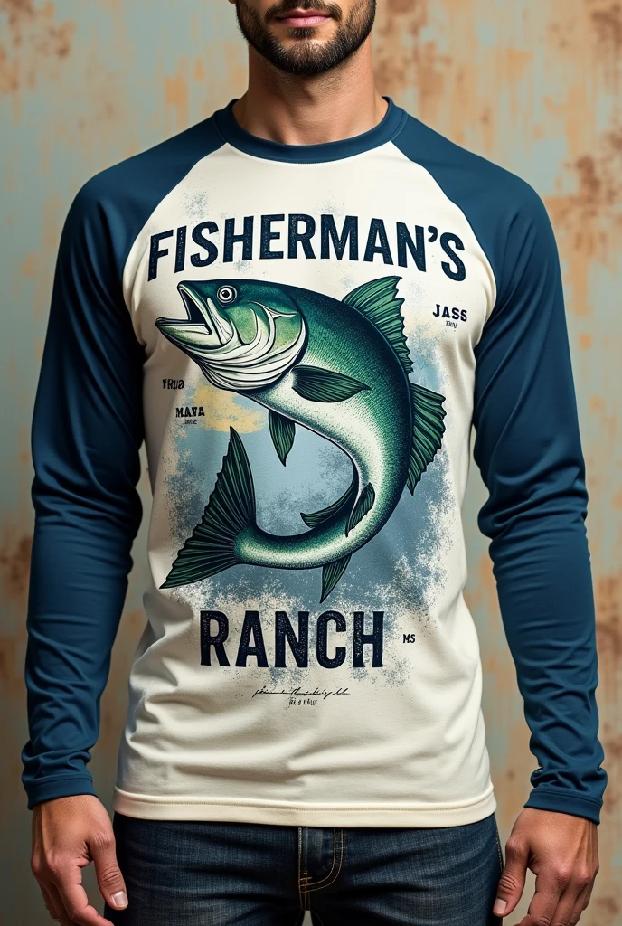 Long sleeve thermal t-shirt, with a sea bass, written fisherman&#39;s ranch MS 