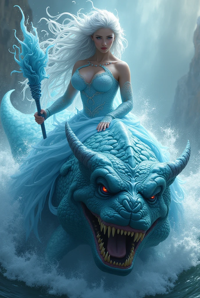A Goddess of water. With a hair made up of water and dress made up of water , also she's in fierce looking, with a wand made up of water in her left hand, riding in a sea monsters