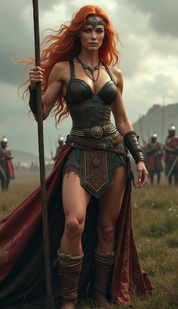 Create an ultra-realistic full-body portrait of Boudica, the legendary queen of the Iceni tribe. Boudica is depicted with a striking, powerful physique, emphasizing her athletic and warrior-like build. She has a small waist and strong, defined arms, symbolizing her physical strength and leadership. Her skin is fair, with a subtle, natural glow that reflects her vitality. Her hair is a wild, fiery red, cascading down her back in loose waves, adding to her fierce and untamed appearance. Her eyes are a piercing shade of green, filled with intensity and determination, reflecting her resolve to defend her people. Her lips are full and slightly parted, showing a mix of defiance and command. Boudica is dressed in very sexy Celtic warrior attire, including a form-fitting, leather corset that accentuates her small waist and her very big breasts, and a long, flowing cloak adorned with intricate patterns and tribal symbols. She wears a metal torque around her neck, a symbol of her nobility and status as a leader. She stands atop a chariot, gripping a spear or sword, ready to lead her warriors into the fray. The background shows the battlefield, with Roman soldiers in the distance and the wild, rugged landscape of ancient Britain under a stormy sky, capturing the intensity and drama of the moment. The overall scene exudes power, defiance, and the unyielding spirit of Boudica as she stands against the might of Rome