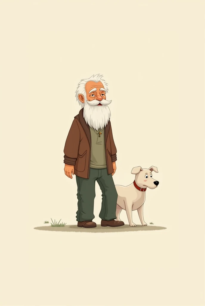 (simple cartoon cartoon)(minimalistic )old man walking with his dog (bearded old man badly dressed)(cute dog appreciates clean and well cared for )(White dog)