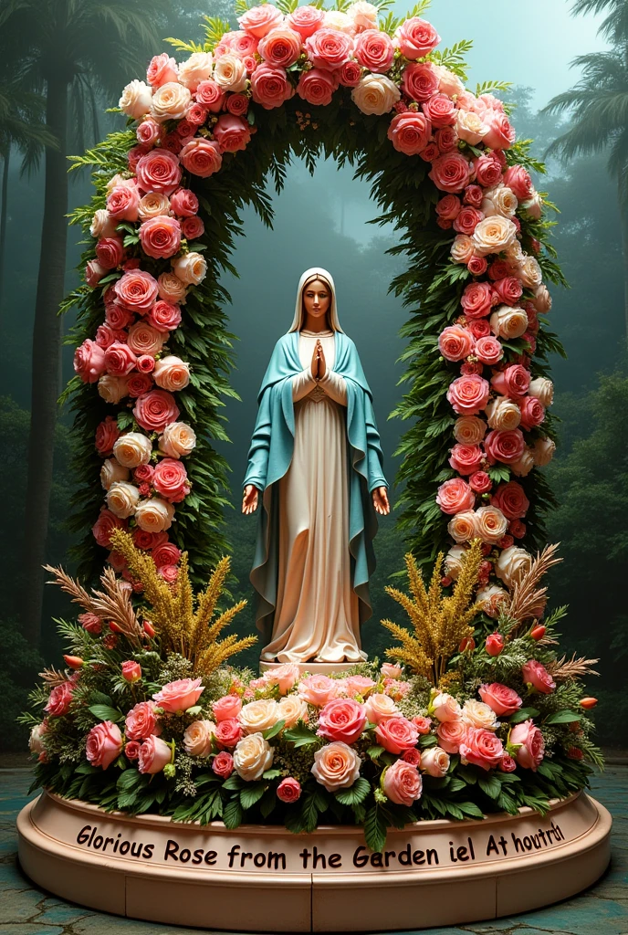 Make me a floral arrangement with an arch of roses halfway up, square base, with roses, lilies, palm leaves, pompoms and with the statue of the Virgin Mary in the center, with the title “Glorious Rose from the Garden of Christ” in the base written in Spanish
