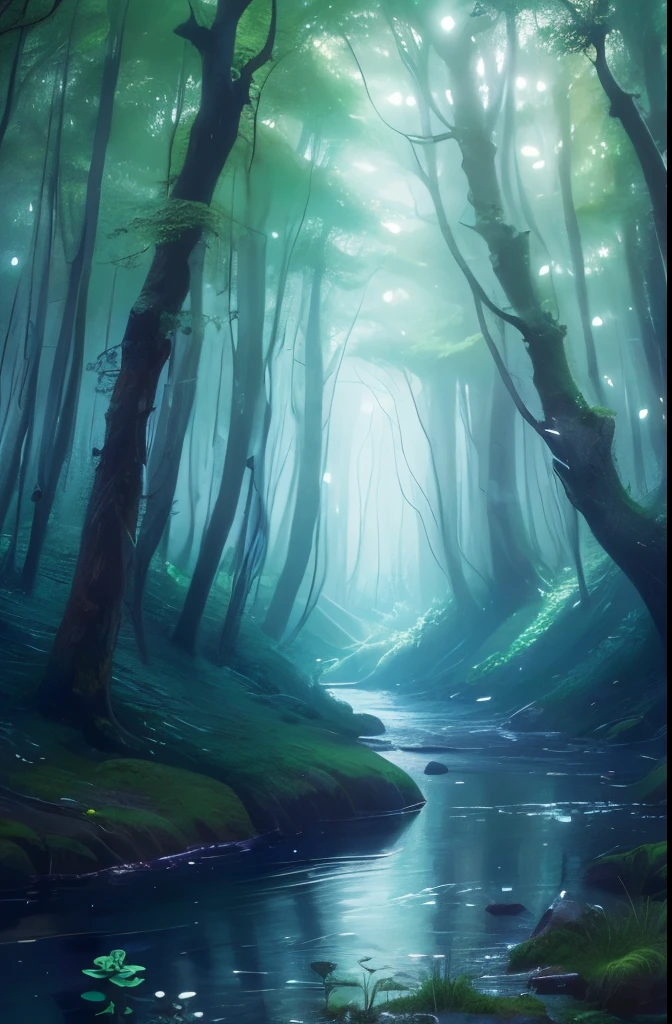 a picture taken from a distance of a forest with a stream running through it, lost in a dreamy fairy landscape, very magical and dreamy, magical forest in the background, in a magical forest, magic fairy forest, fairy forest, in the magical forest, magical forest, magical forest with fireflies, fairytale forest, magical environment, in a whimsical fairytale forest