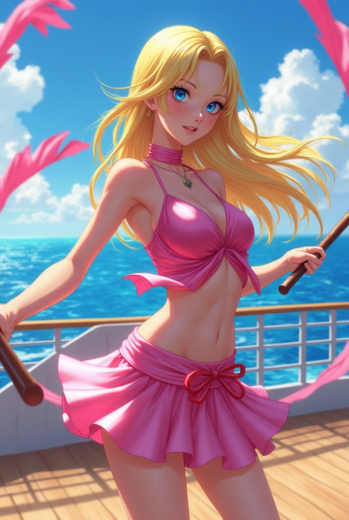 Screenshot One Piece, Beautiful girl with long blonde hair with bangs and blue eyes, Wearing pink clothes, holding a stick with a satin ribbon on the end like rhythmic gymnastics, luminous palette, sparklecore, on a sunny day on the ship, miniskirt