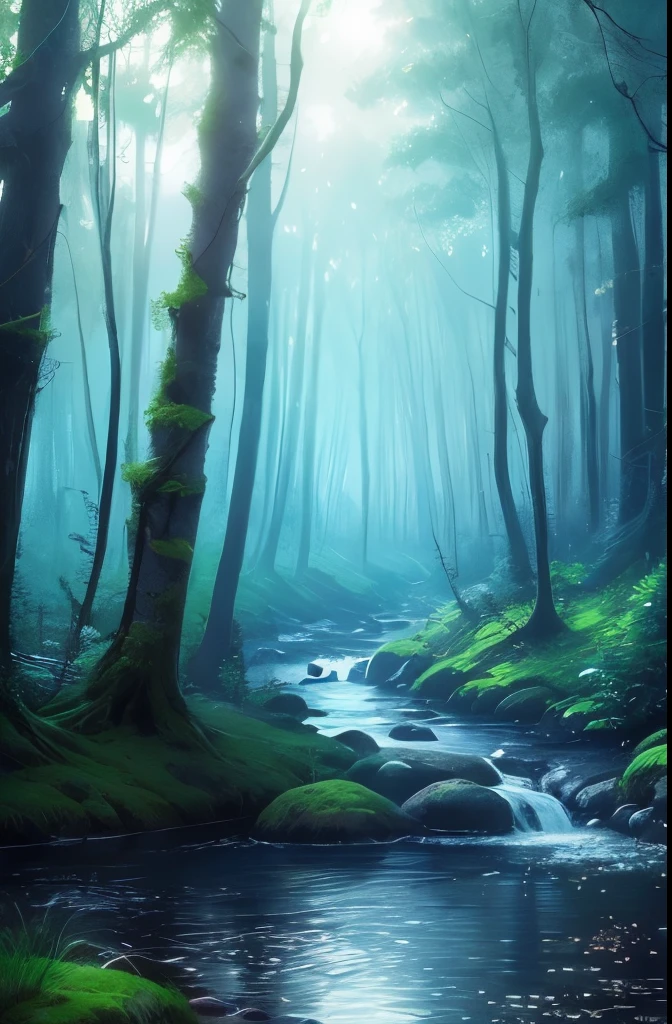 a picture taken from a distance of a forest with a stream running through it, lost in a dreamy fairy landscape, very magical and dreamy, magical forest in the background, in a magical forest, magic fairy forest, fairy forest, in the magical forest, magical forest, magical forest with fireflies, fairytale forest, magical environment, in a whimsical fairytale forest