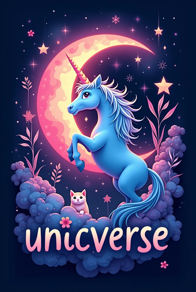 A logo that says the title "unicverse" that has pinkish purple and light blue color that has a star combined with a moon with a galaxy background and plants that has mythology with a cat
