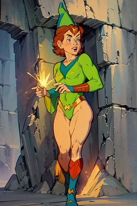 a redhead cartoon character, wonder woman outfit, green leotard, very muscular,  male wizard, 1980s cartoon, animated episode still, Presto (((mad))), ((Wears a wizard hat)), detailed face, detailed expressions, 4k, 8k, UHD, detailed background, sharp focus, cinematic lighting