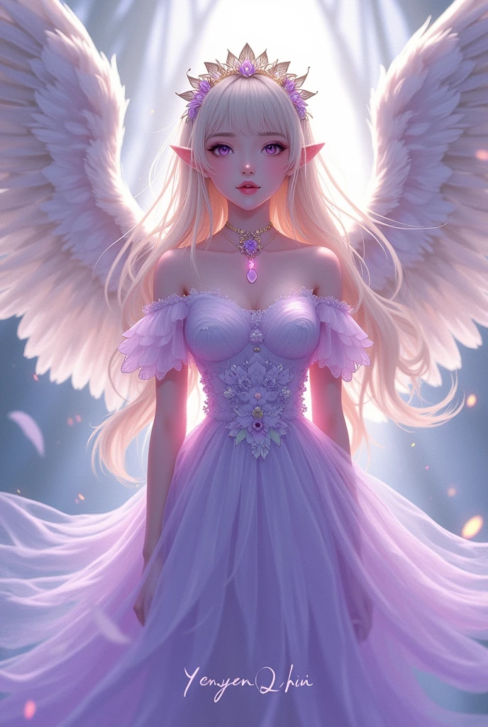 Anime Angel purple white dress with huge wings necklace
Photo framed a girl wearing purple dress and crown plus named on the picture is Yenyen Qhiu