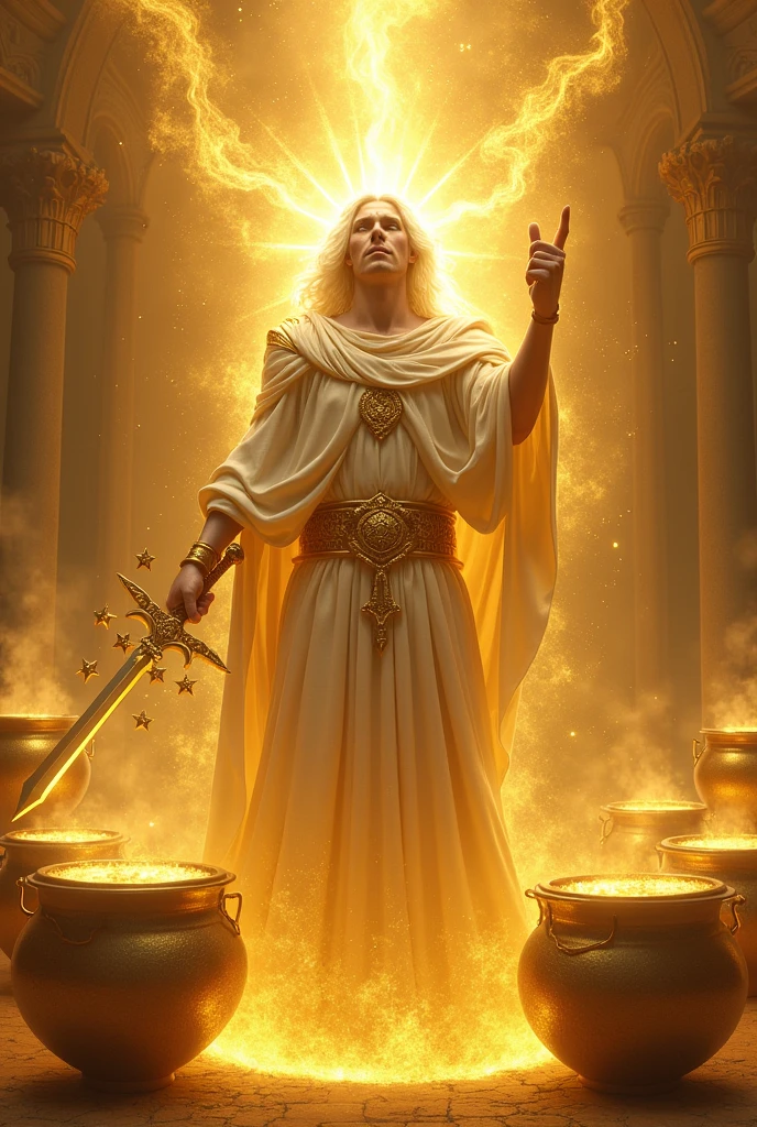 Make me a picture with this description " 7 pots of gold, and in the middle of the seven golden cauldrons, to one like the Son of Man, dressed in clothing that reached to the feet, and girded around the chest with a golden girdle, His head and hair were white like white wool., like snow, his eyes like flames of fire, and his feet like polished bronze, shining like a furnace and his voice like the roar of many waters, He had in his right hand seven stars, From his mouth came a sharp two-edged sword., and his face was like the sun shining in its strength"