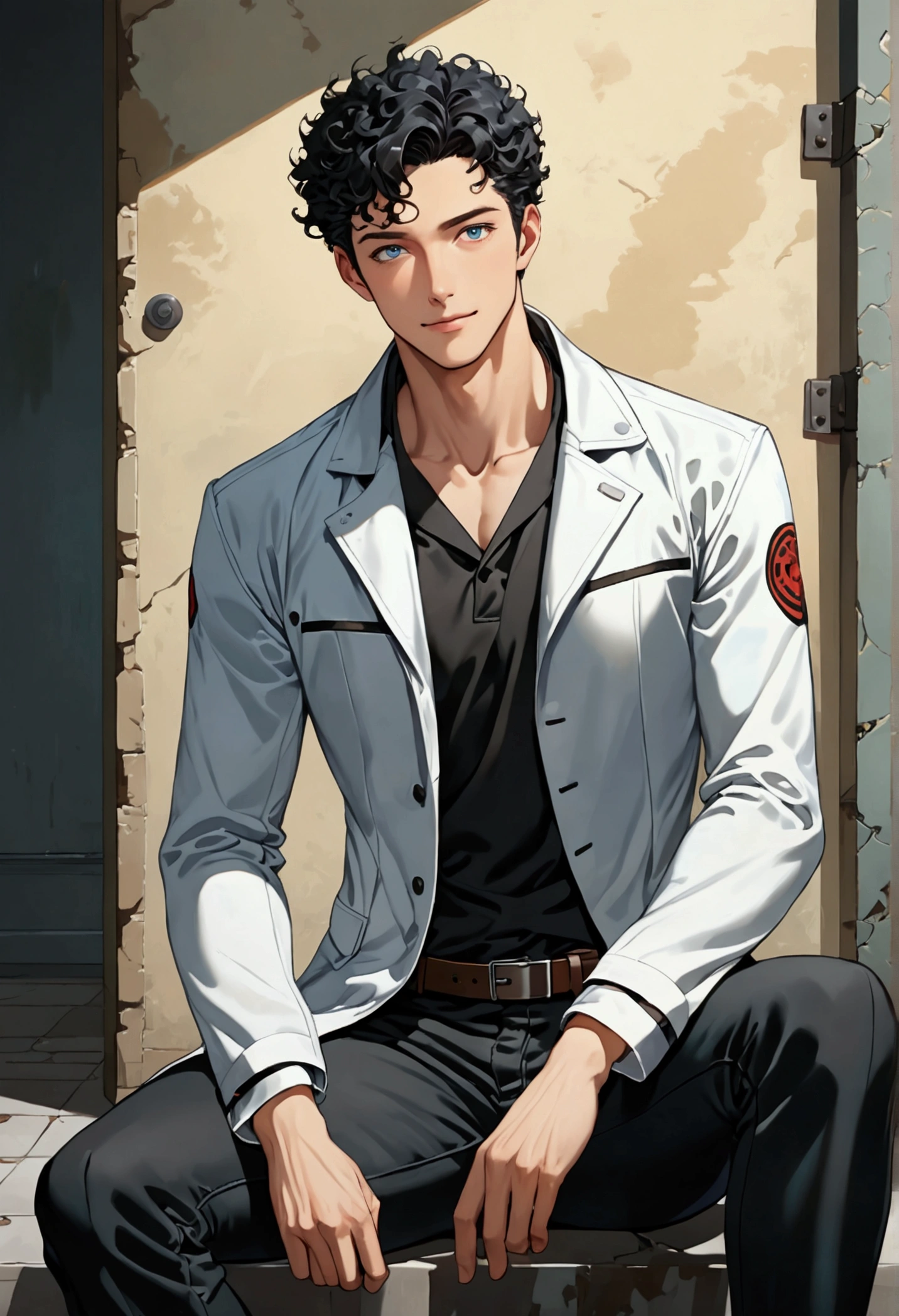 best quality, high resolution, masterpiece, many incredible layers, (((psych suit))), korean perm cut, stylized, psychiatric uniform, expressionless, viscolycra and silk fusion, doctor white coat, black sweater, brown belt, black skinny jeans, security, coquetry, alone, dominant pose, sitting, in an asylum, looking at viewer, medium angle, head-on, detailed surface texture, black hair, blue grayish eyes, slim and athletic body, attractive and beautiful, flirtatious and confident smile, adult male.