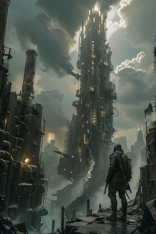 wasteland, Remains, night, scenery, cloud, null, Outdoor, cigarette, building,city, sf, Sword-wielding adventurer