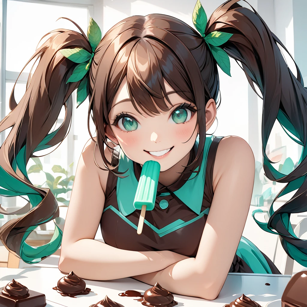 masterpiece, top quality, top image quality, detailed, beautiful, cute, art, one girl, girl eating a chocolate mint popsicle, smiling, cute smile, twin tails, chocolate mint colored dress, smiling at camera, white table, chocolate mint candy on table on the table, slightly up angle, pop art, 4K graphic