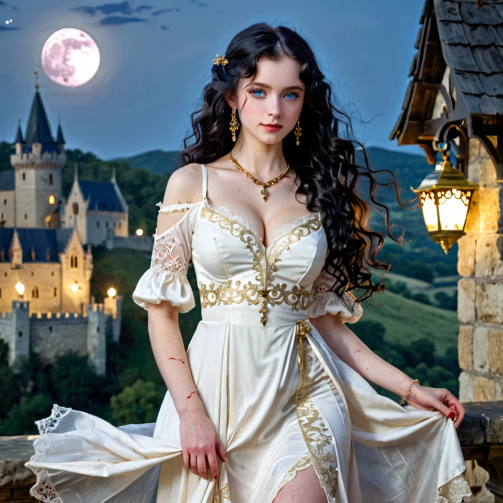 score_9, score_8_up, score_7_up, score_6_up, 1girl, solo, (black_hair:1.5), wavy_hair, jewelry, dress, blue_eyes, earrings, (long_hair:1.5), looking_at_viewer, curly_hair, full_body, lips, lace, white_dress, gold_dress, (night:1.3), cxqz8r, medieval_dress, medieval_landscape, fullmoon, rpg, (uso_da:1.5), narrow_waist, (skinny:1.3), (pale_skin:1.4), (large_breasts:1.2), (severed_arm:1.5) in the hand, blood, blood_on_hands, blood_on_clothes, (holding_limb:1.5)